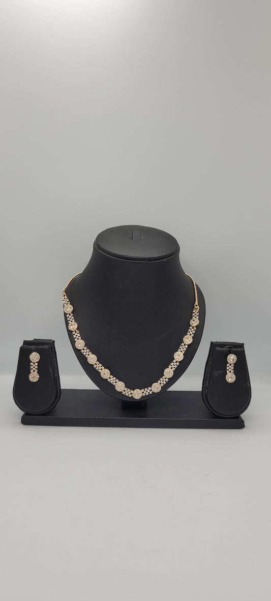 Golden Necklace Set with White American Diamond Stones & Earrings